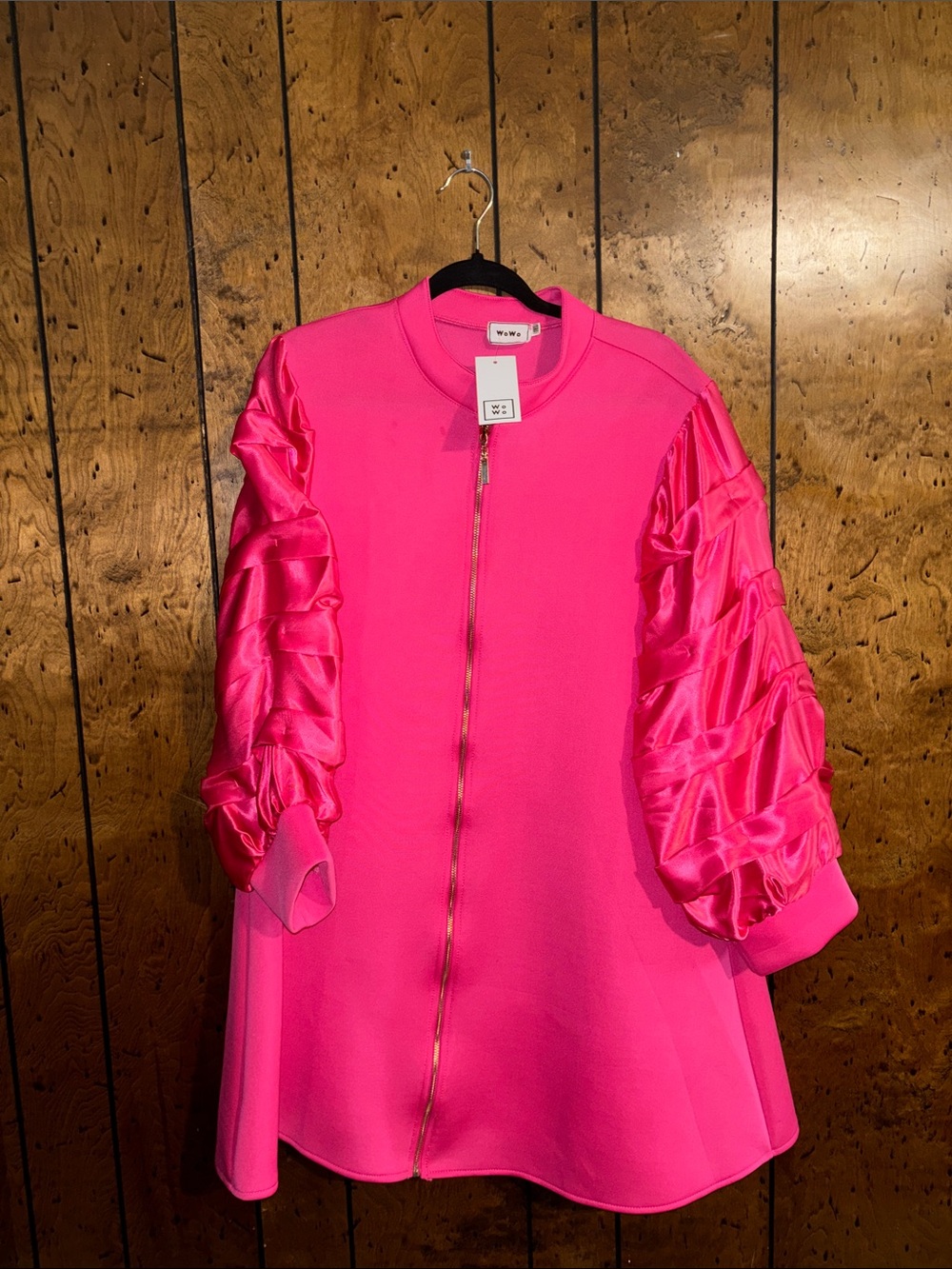 WILFRED fuchsia long sleeve dress with ruched satin sleeves